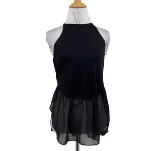 BCBGeneration Top Womens XS Extra Small Black Mixed Media Sheer Hem High Neck